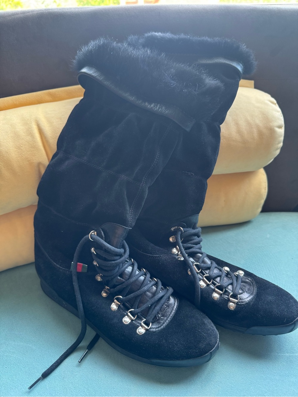 Gucci Black Suede Fur-Trim Lace-Up Winter Boots